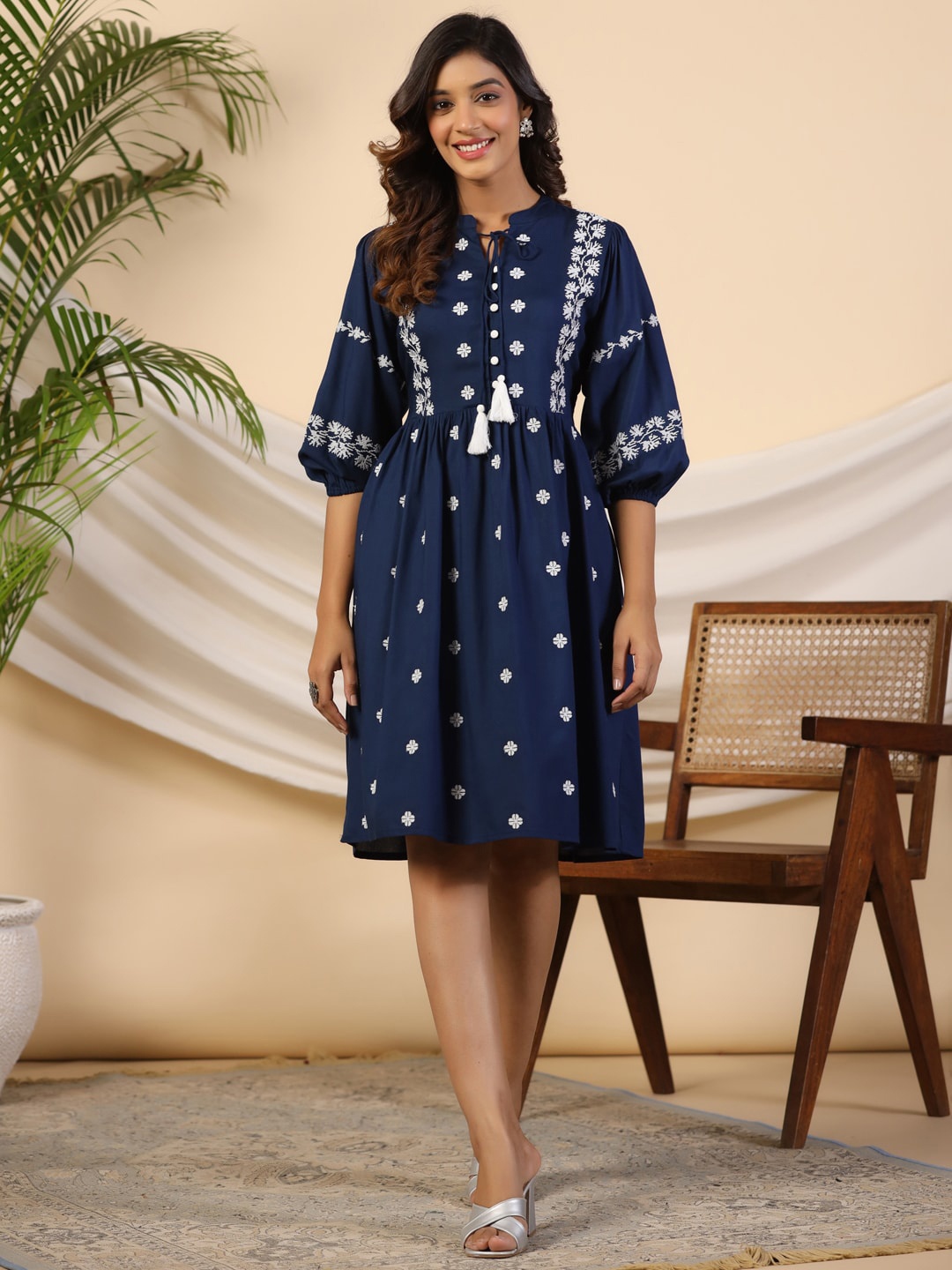 

Juniper Floral Printed Puff Sleeve Fit & Flare Tie-Up Neck Dress, Navy blue