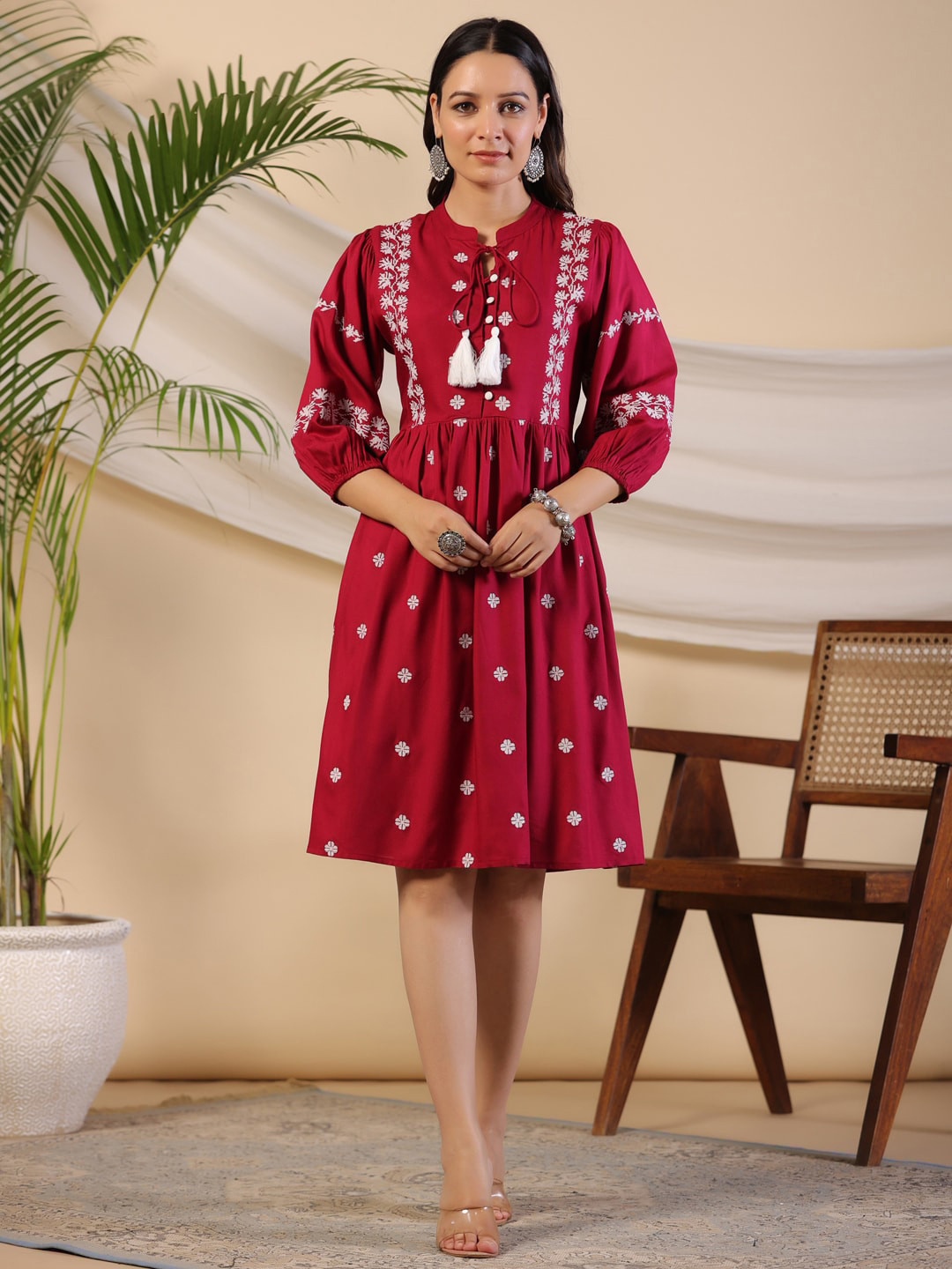 

Juniper Ethnic Motifs Printed Tie-Up Neck A-Line Dress, Maroon