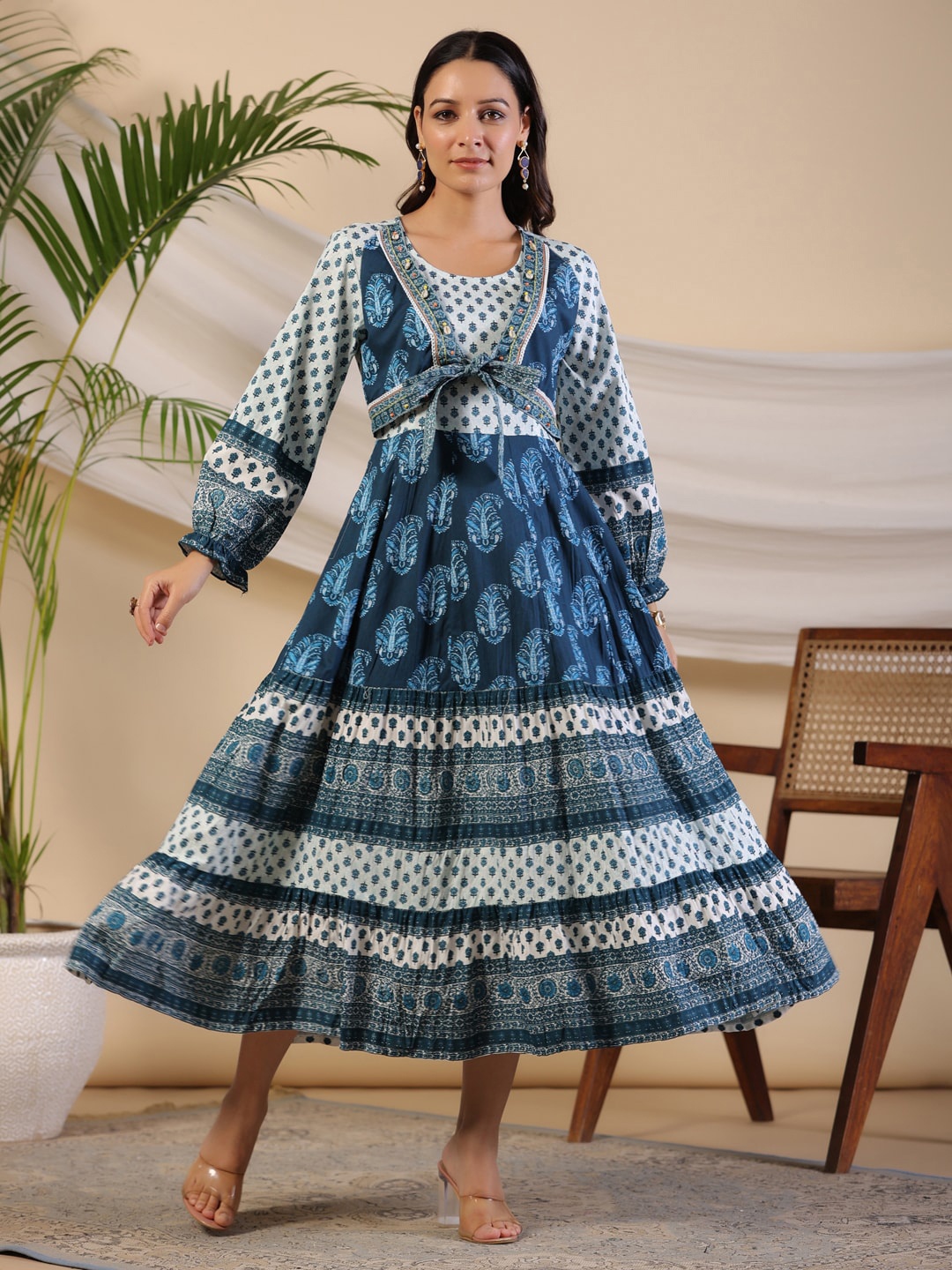 

Juniper Ethnic Motifs Printed Puff Sleeves A-Line Midi Dress, Blue