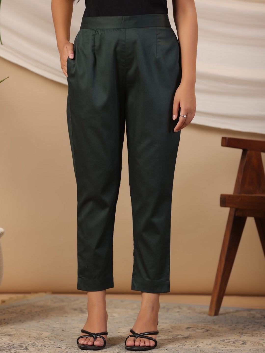 

Juniper Comfort Women Mid Rise Cotton Comfort Trousers, Green