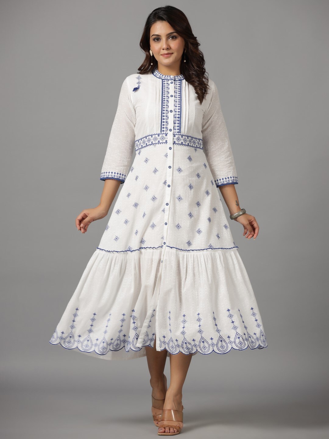 

Juniper Ethnic Motifs Printed Cotton A-Line Midi Dress, White
