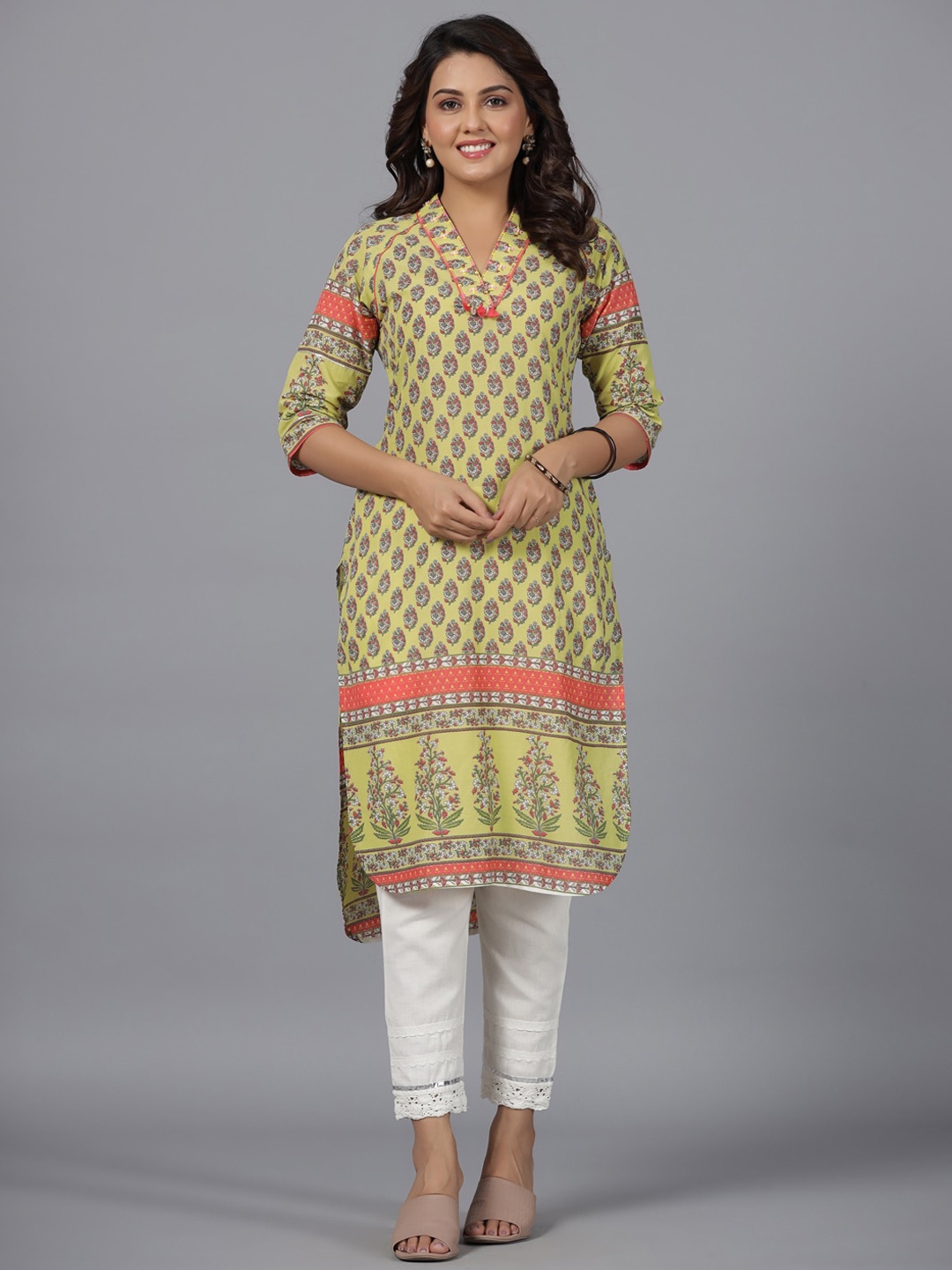 

Juniper Ethnic Motifs Printed V-Neck Pure Cotton Straight Kurta, Lime green