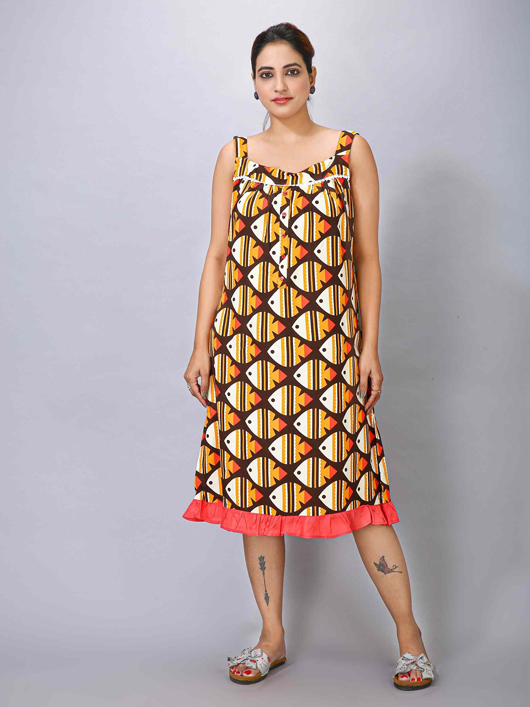 

MAIYEE Graphic Printed Square Neck Sleeveless Satin Midi Nightdress, Yellow