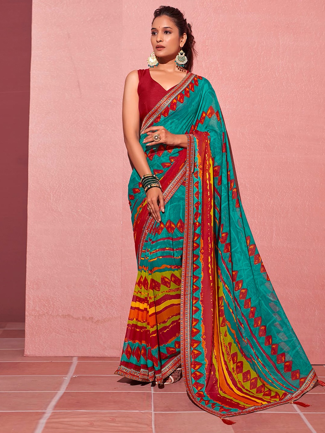 

KALINI Geometric Printed Pure Chiffon Saree, Teal