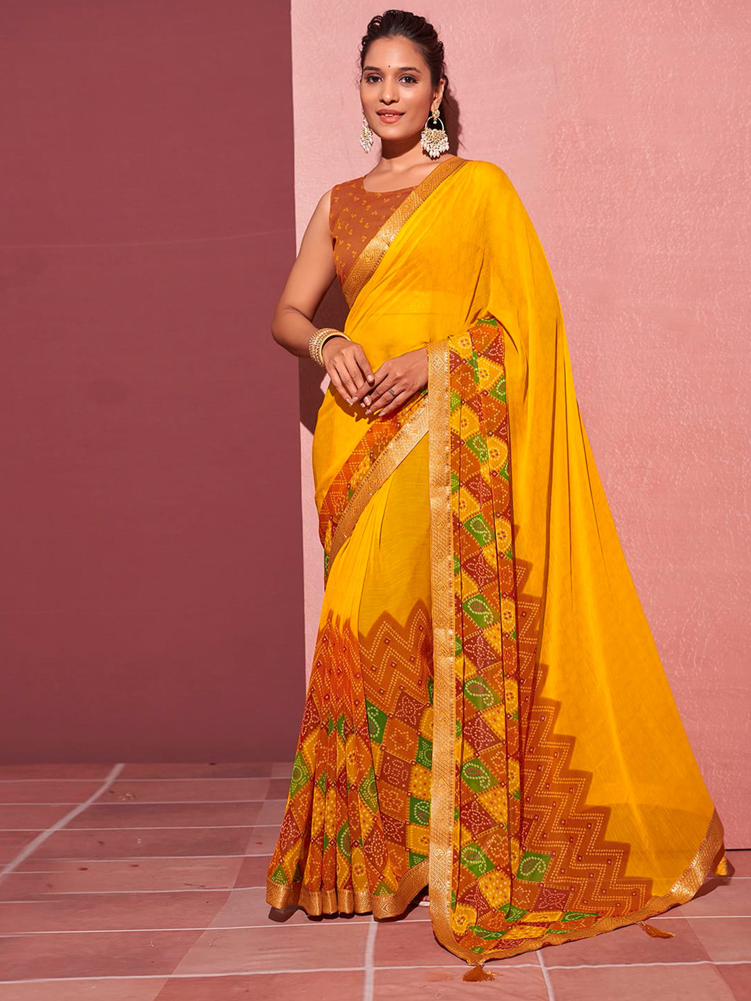 

KALINI Bandhani Printed Zari Pure Chiffon Saree, Yellow