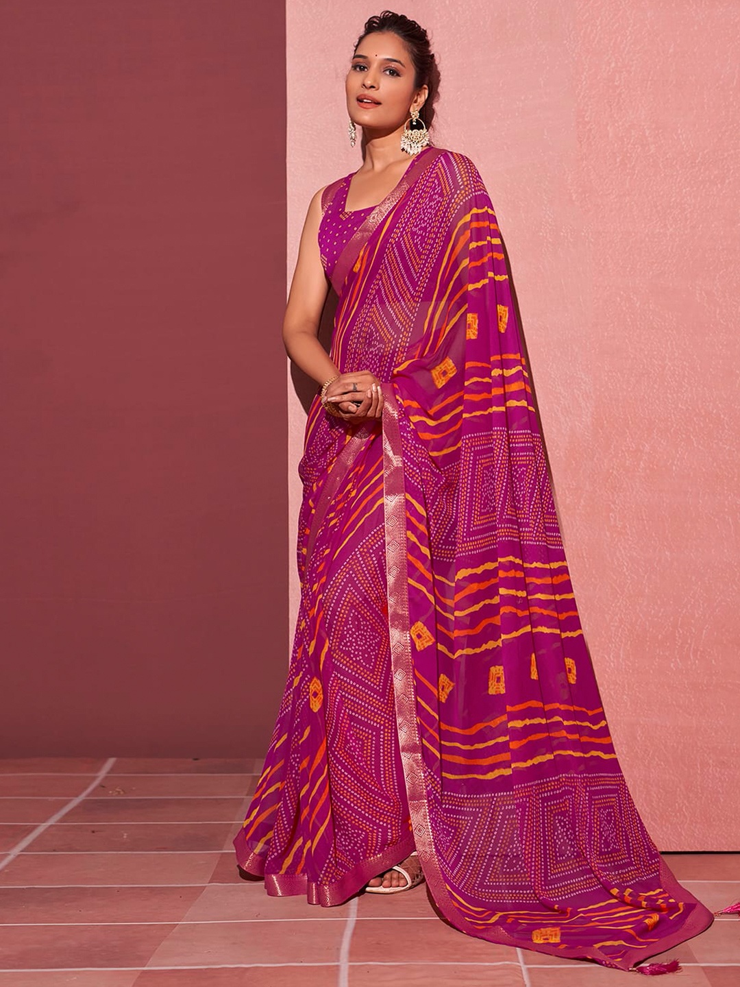 

KALINI Striped Pure Chiffon Saree, Magenta