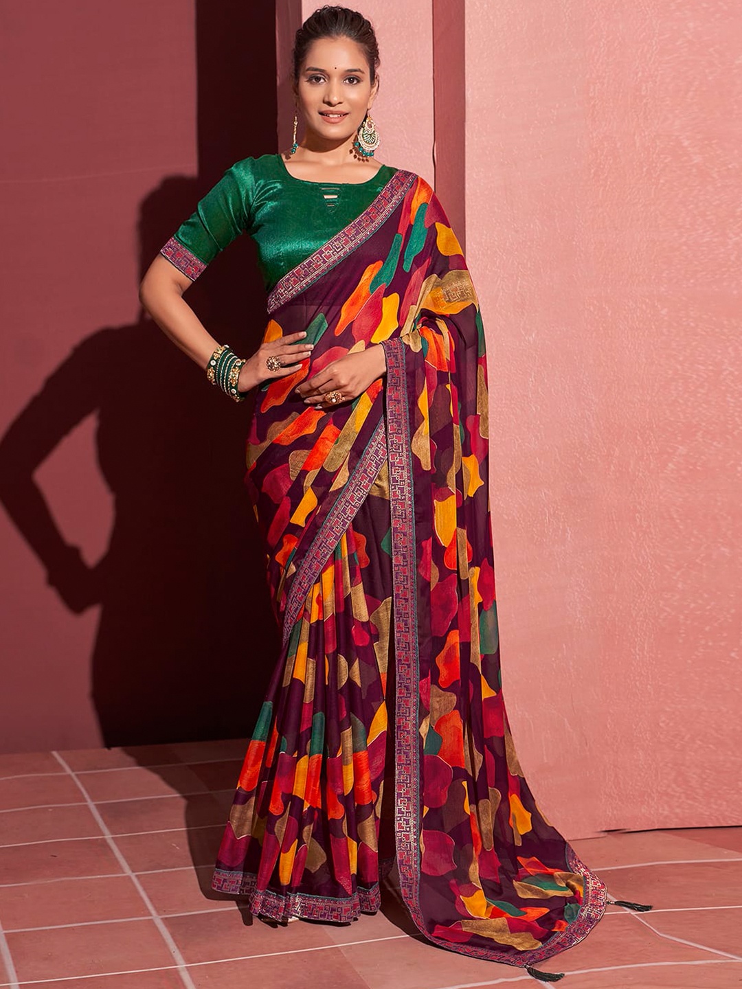 

KALINI Abstract Printed Pure Chiffon Saree, Purple