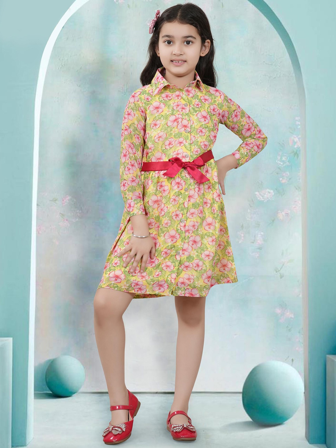 

BAESD Floral Printed Cuffed Sleeves Georgette Shirt Dress, Yellow