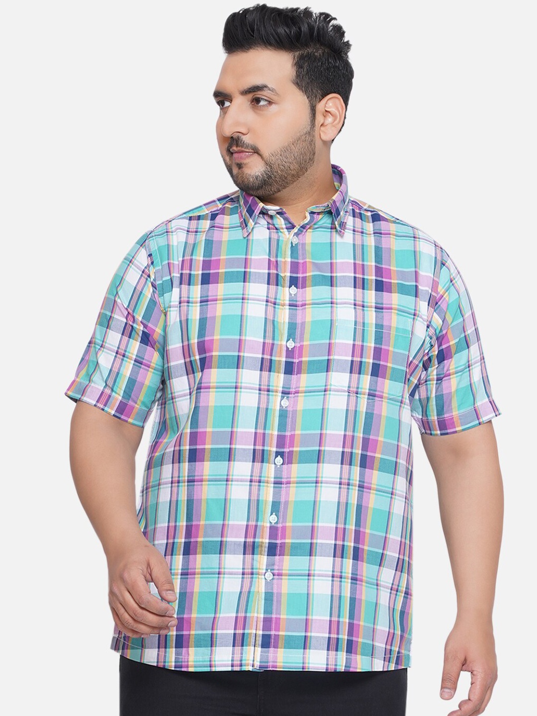

Santonio Plus Size Classic Fit Tartan Checked Cotton Casual Shirt, Pink