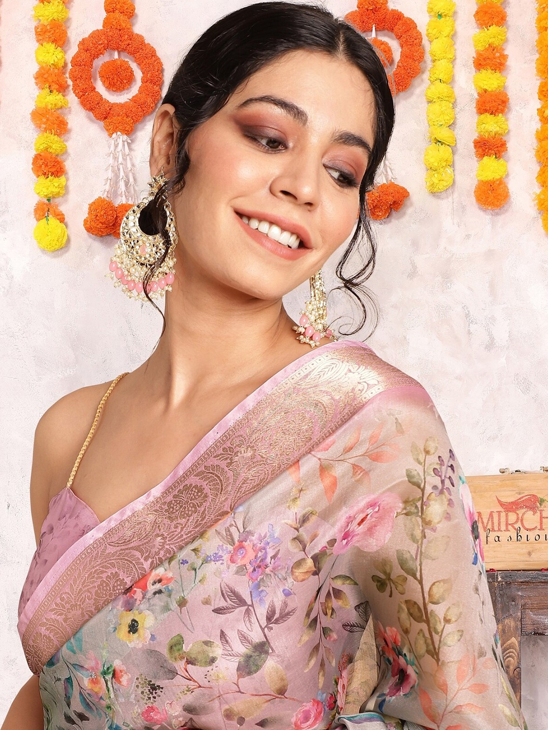 

KALINI Floral Printed Zari Organza Saree, Green