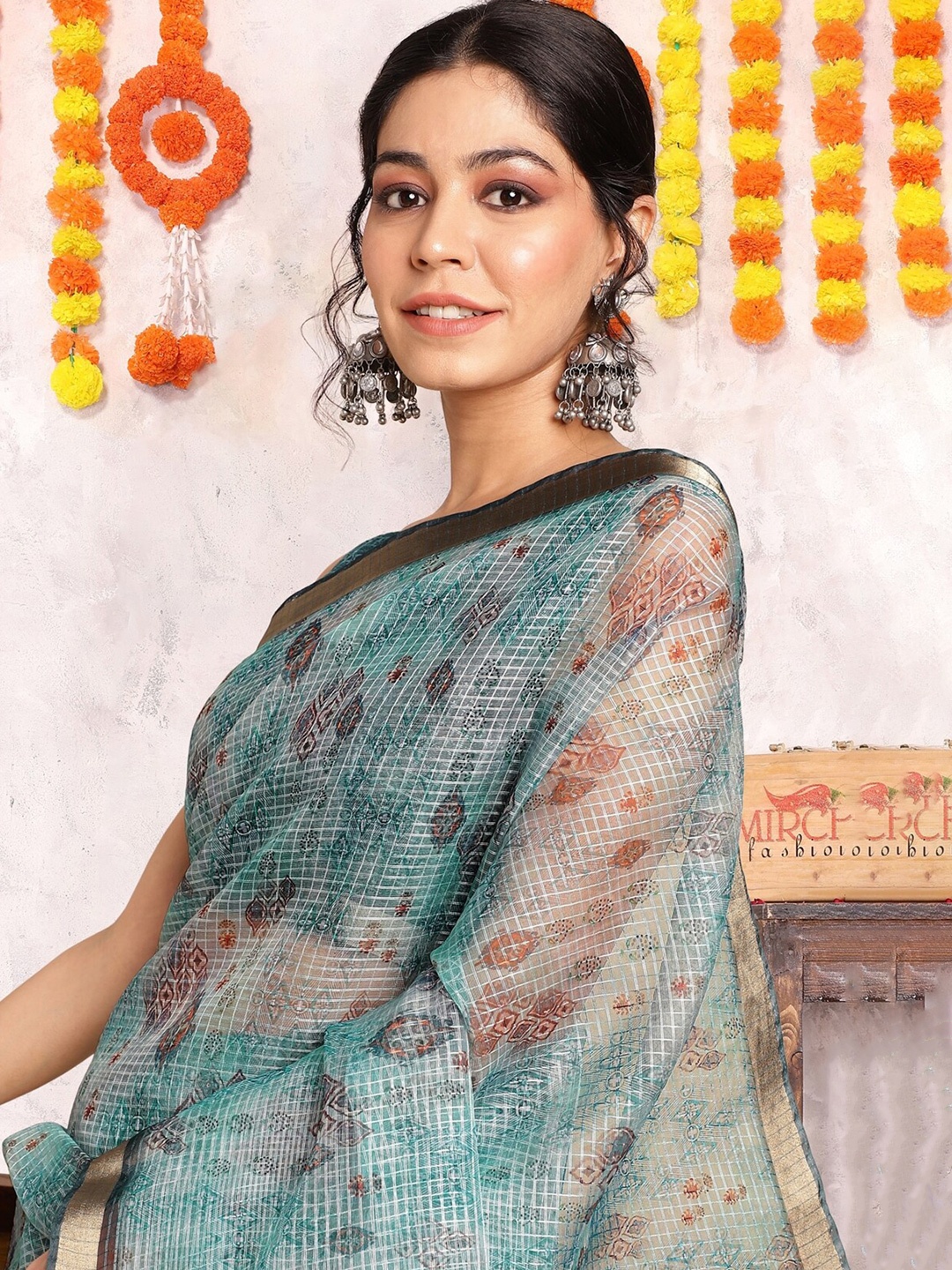 

KALINI Abstract Printed Zari Saree, Teal