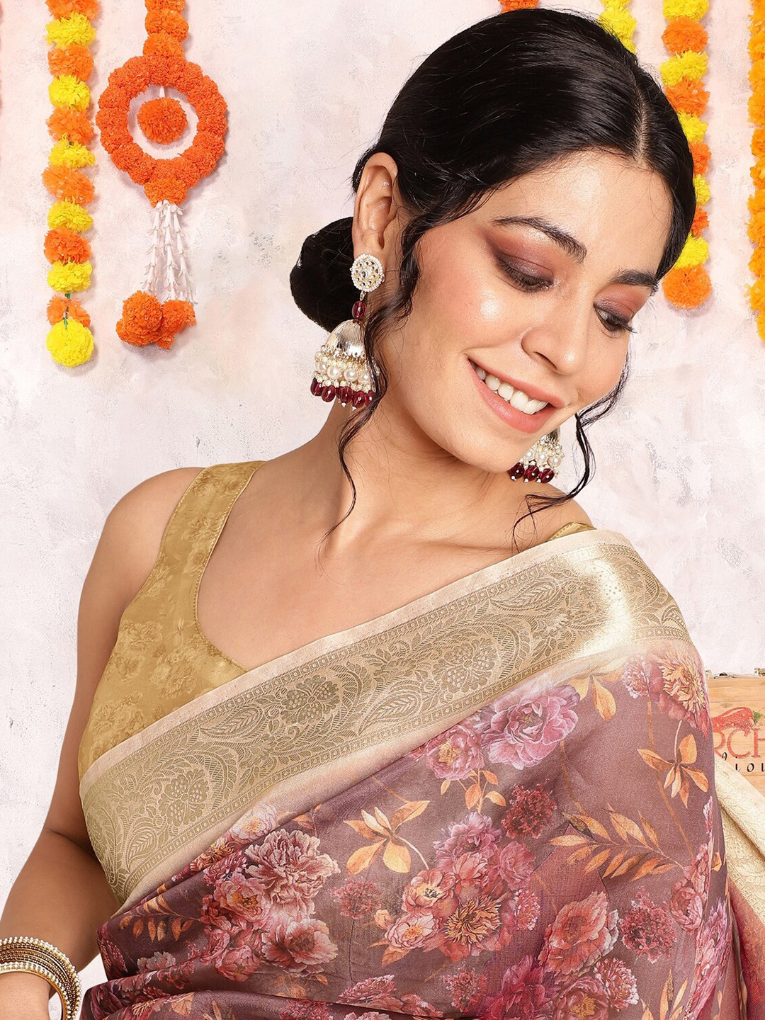 

KALINI Floral Printed Zari Organza Saree, Maroon