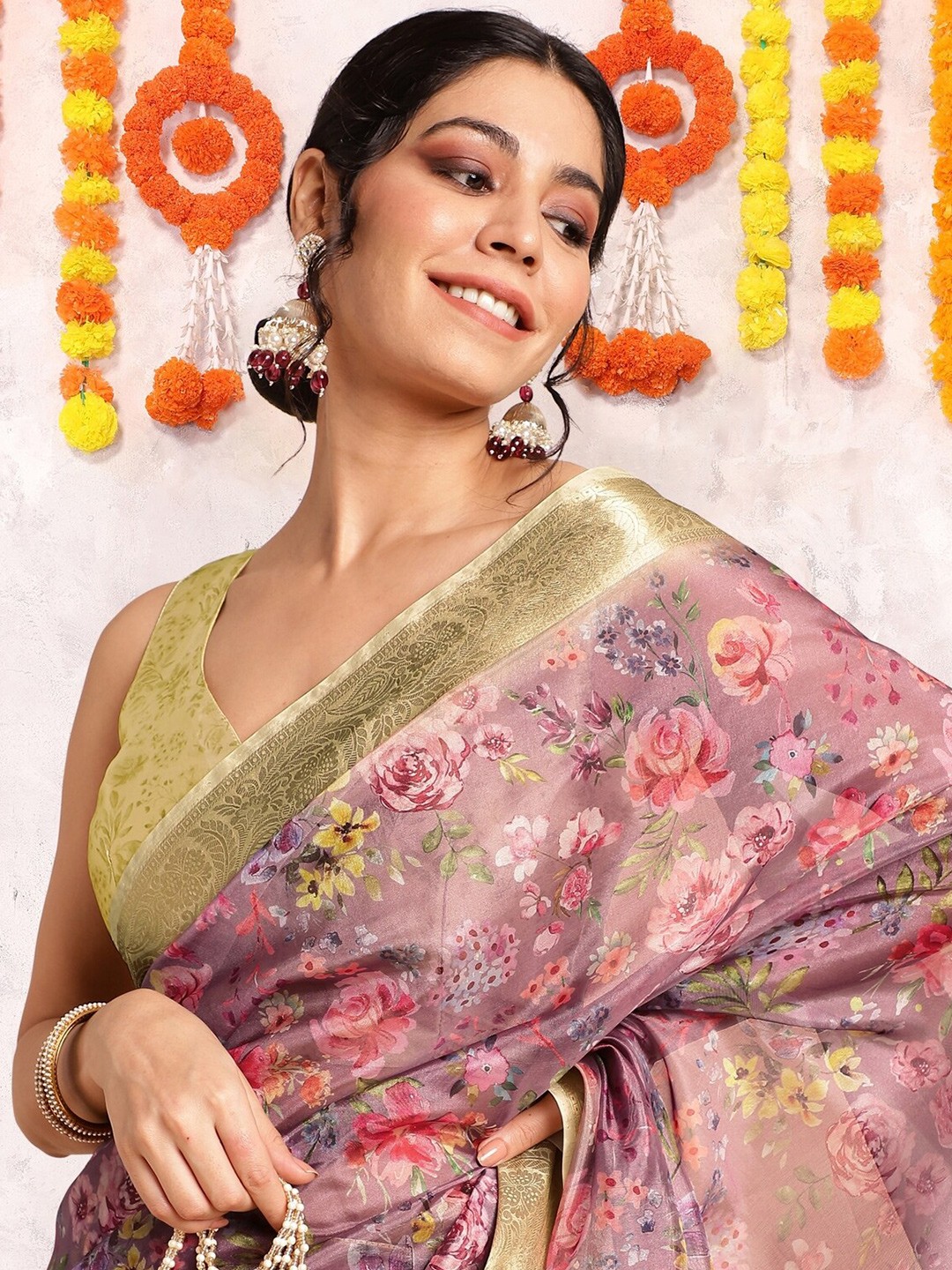 

KALINI Floral Printed Zari Organza Saree, Purple