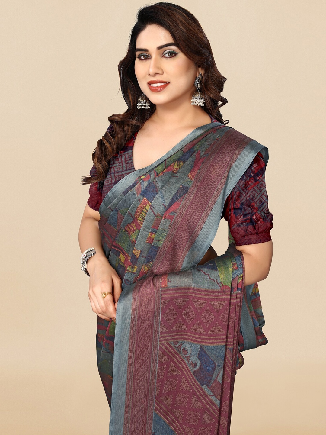 KALINI Geometric Printed Saree, Grey