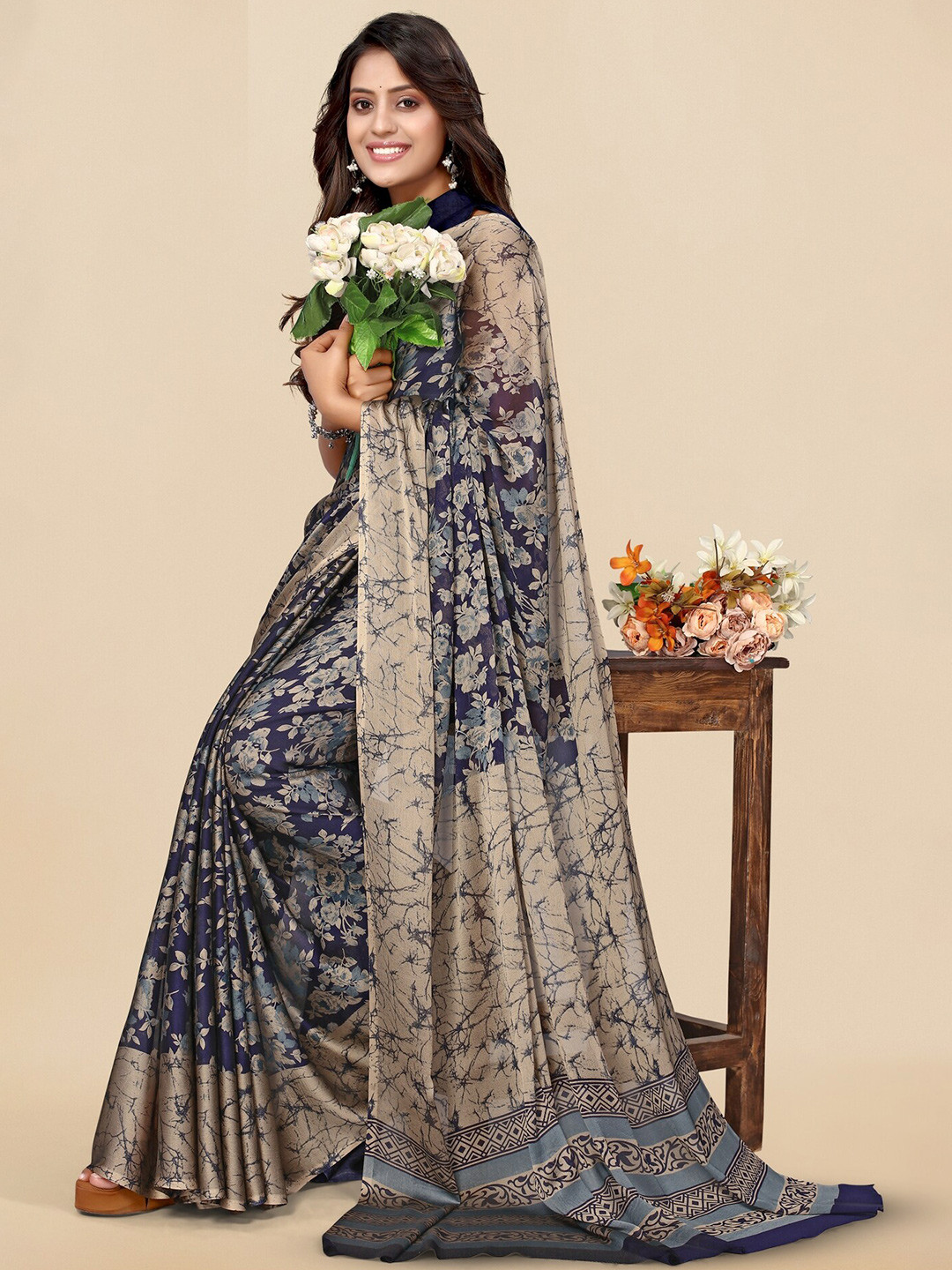 

KALINI Floral Printed Saree, Navy blue