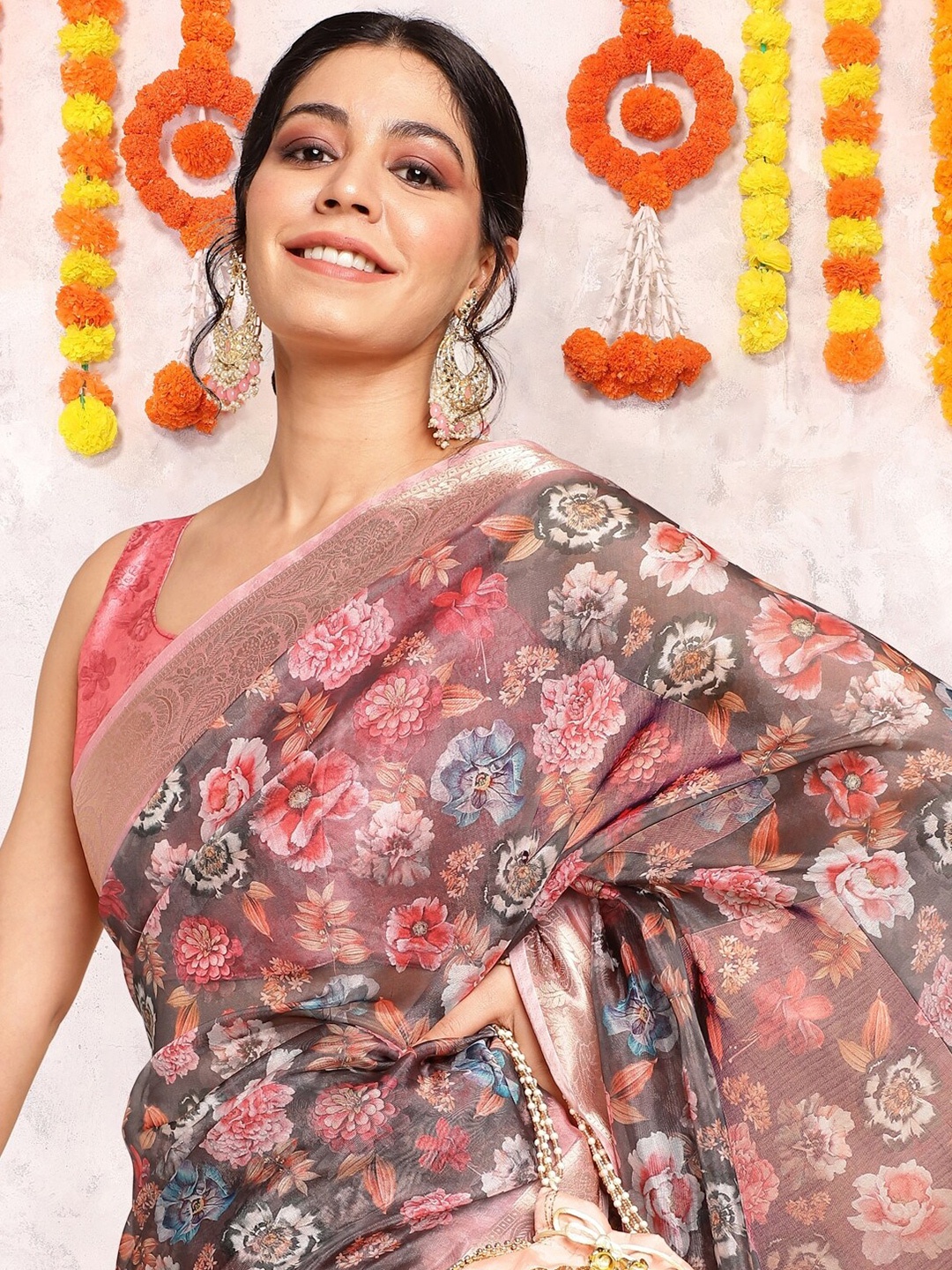 

KALINI Floral Printed Zari Organza Saree, Purple