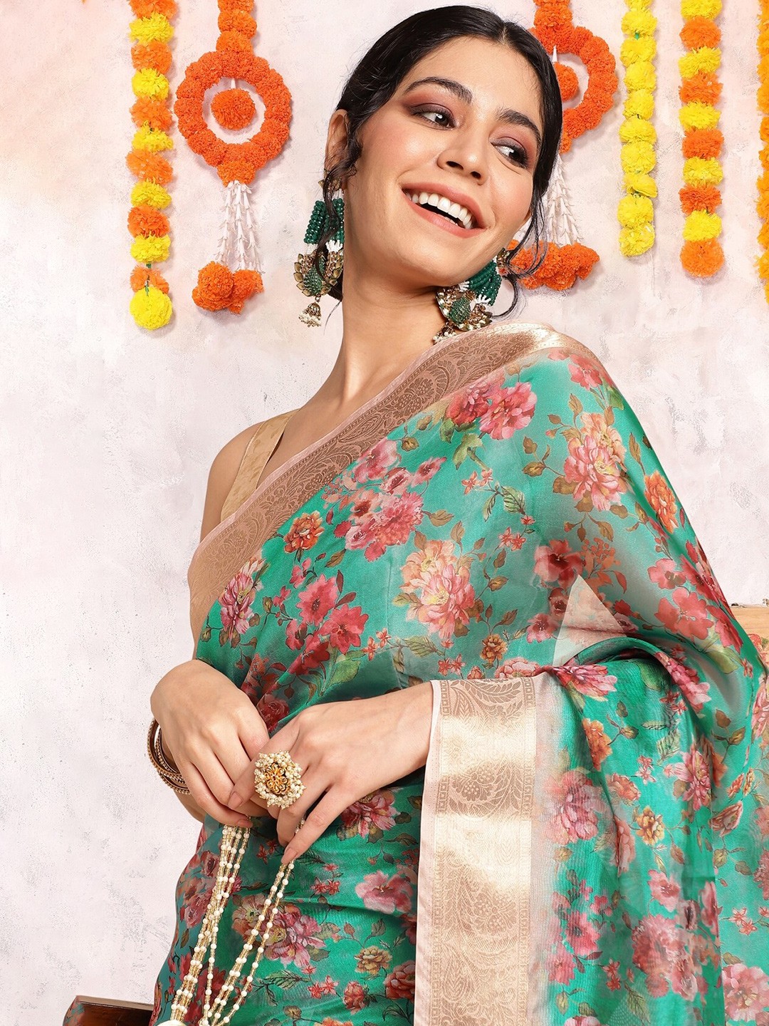 

KALINI Floral Printed Zari Organza Saree, Teal