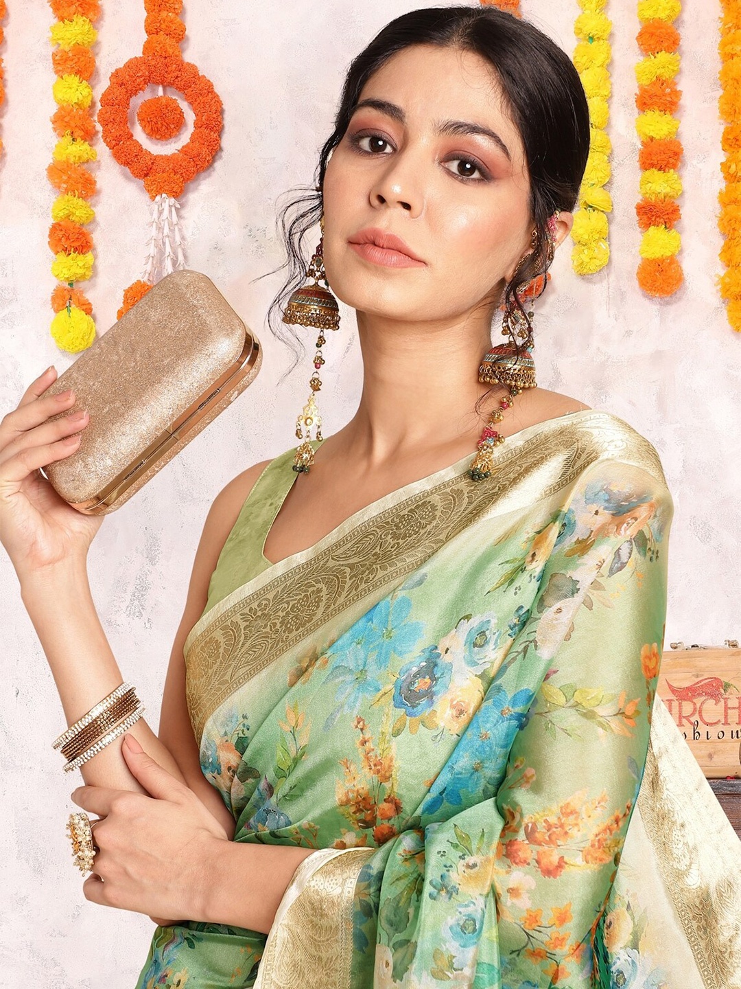 

KALINI Floral Printed Zari Organza Saree, Green