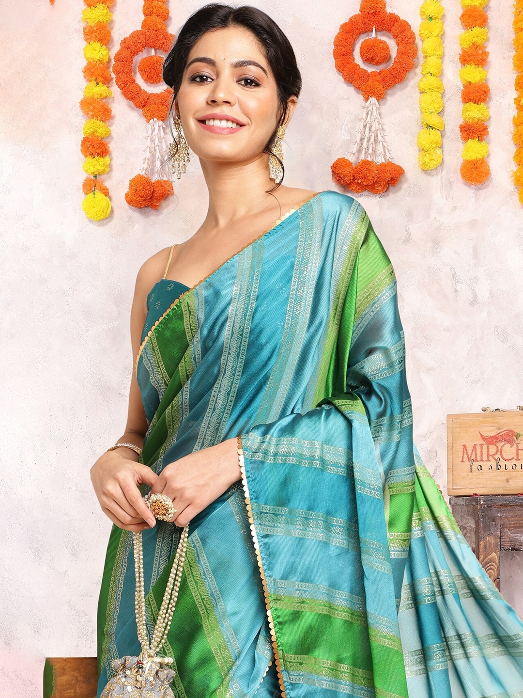 

KALINI Striped Saree, Green