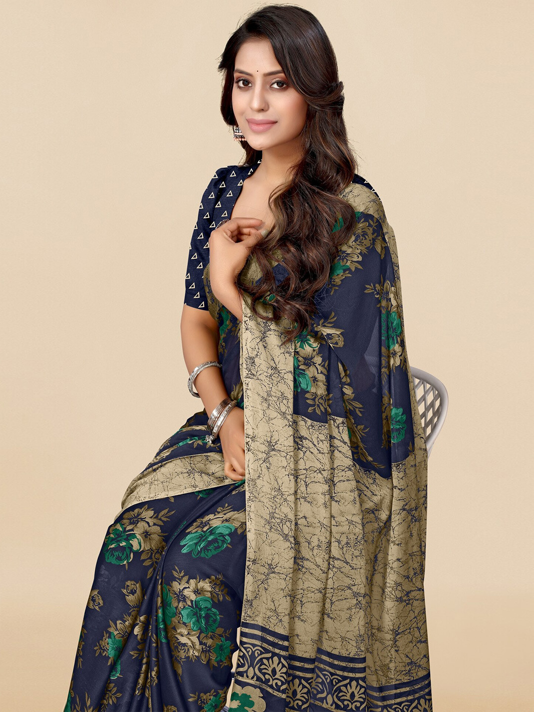 

KALINI Floral Printed Saree, Navy blue