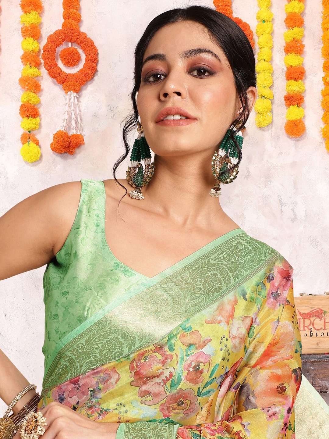 

KALINI Floral Printed Zari Organza Saree, Yellow