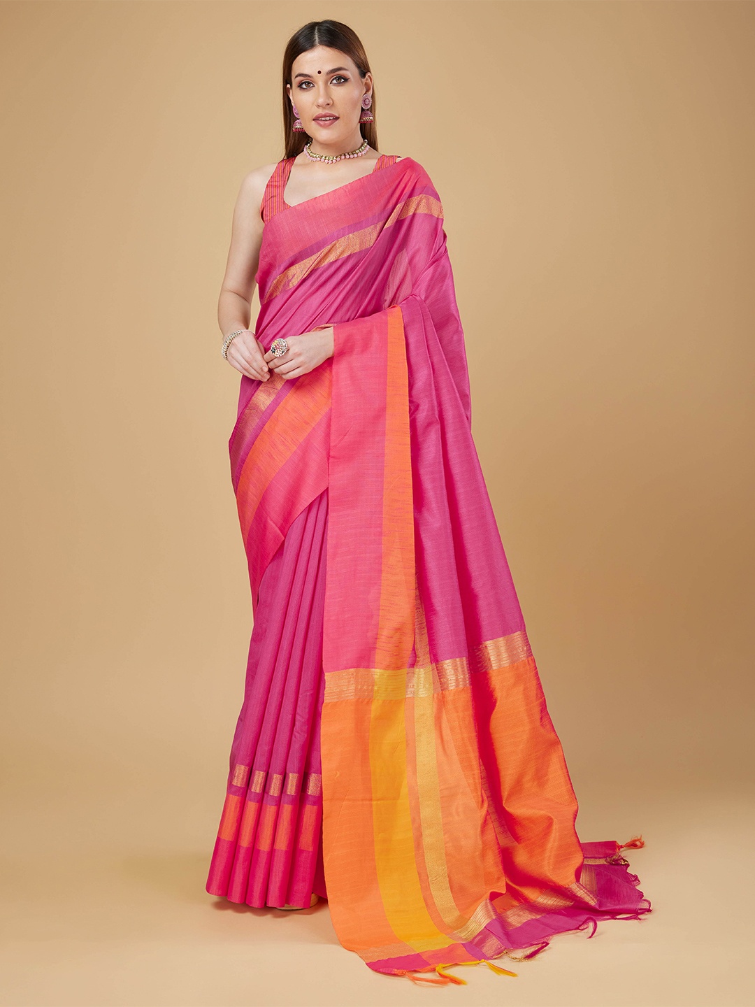 

RAJ DHARMA SILK Colourblocked Pure Silk Saree, Pink