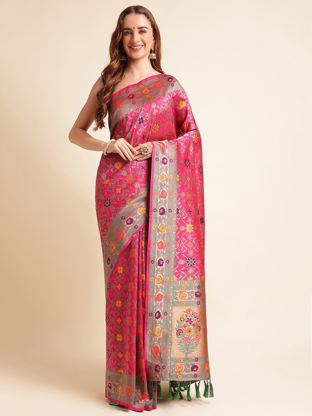 

RAJ DHARMA SILK Woven Design Zari Art Silk Patola Saree, Pink
