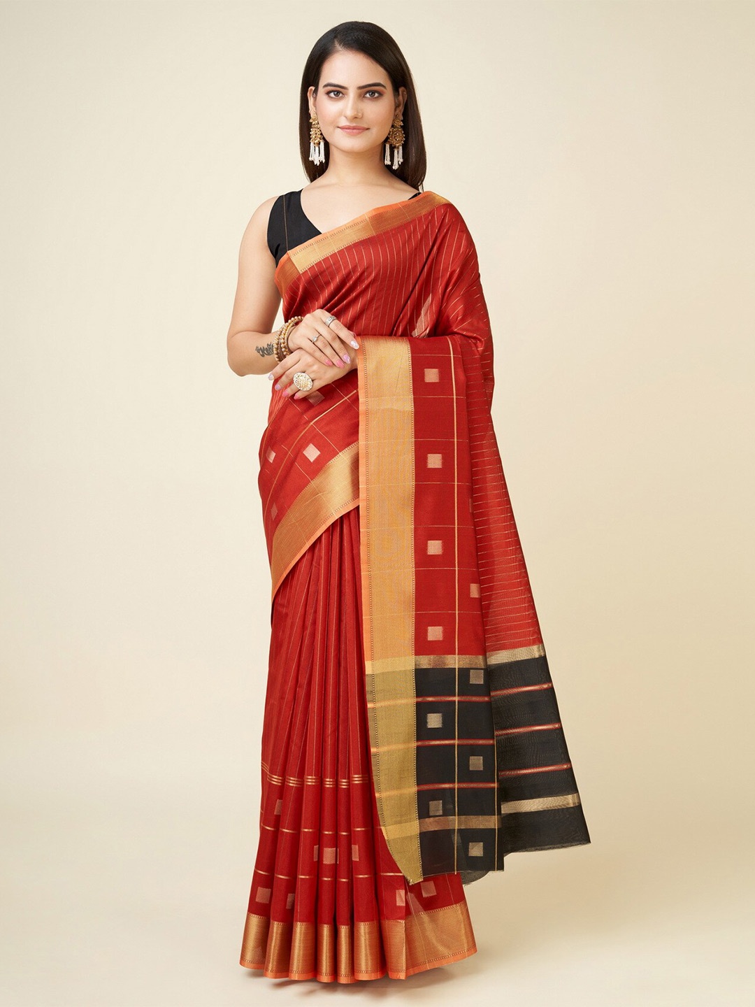 

RAJ DHARMA SILK Striped Zari Khadi Saree, Maroon