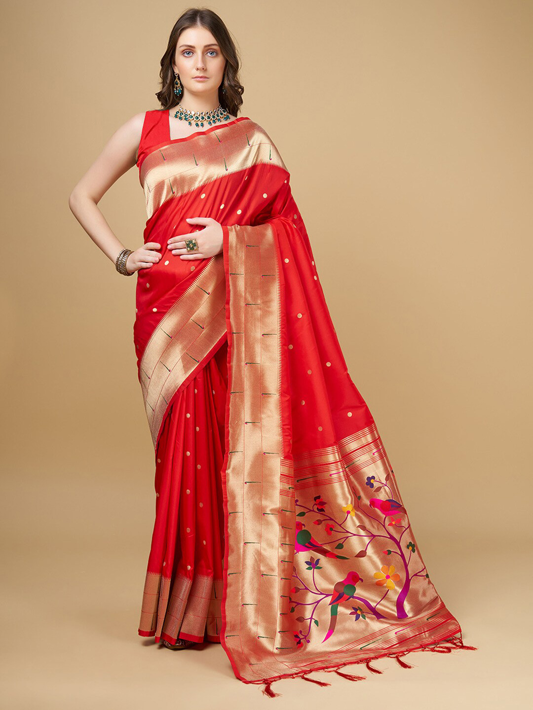 

RAJ DHARMA SILK Woven Design Zari Art Silk Paithani Saree, Red