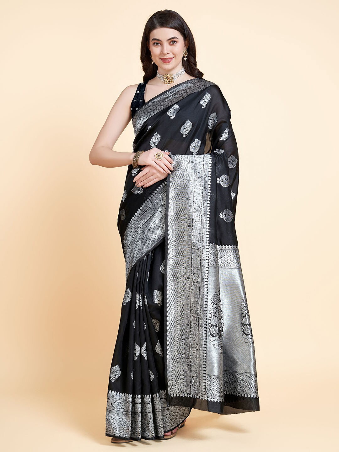 

RAJ DHARMA SILK Ethnic Motifs Woven Design Zari Gadwal Saree, Black