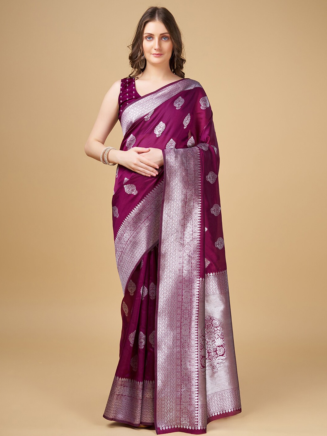 

RAJ DHARMA SILK Ethnic Motifs Woven Design Zari Kanjivaram Silk Saree, Purple