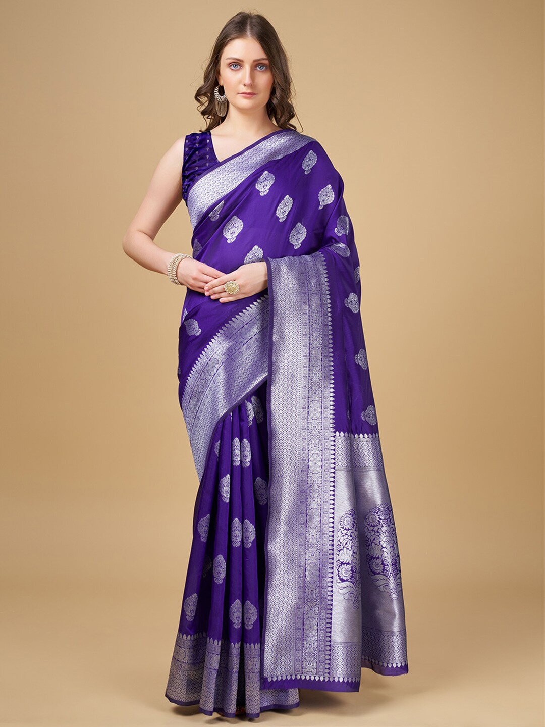 

RAJ DHARMA SILK Ethnic Motifs Woven Design Zari Kanjivaram Silk Saree, Purple