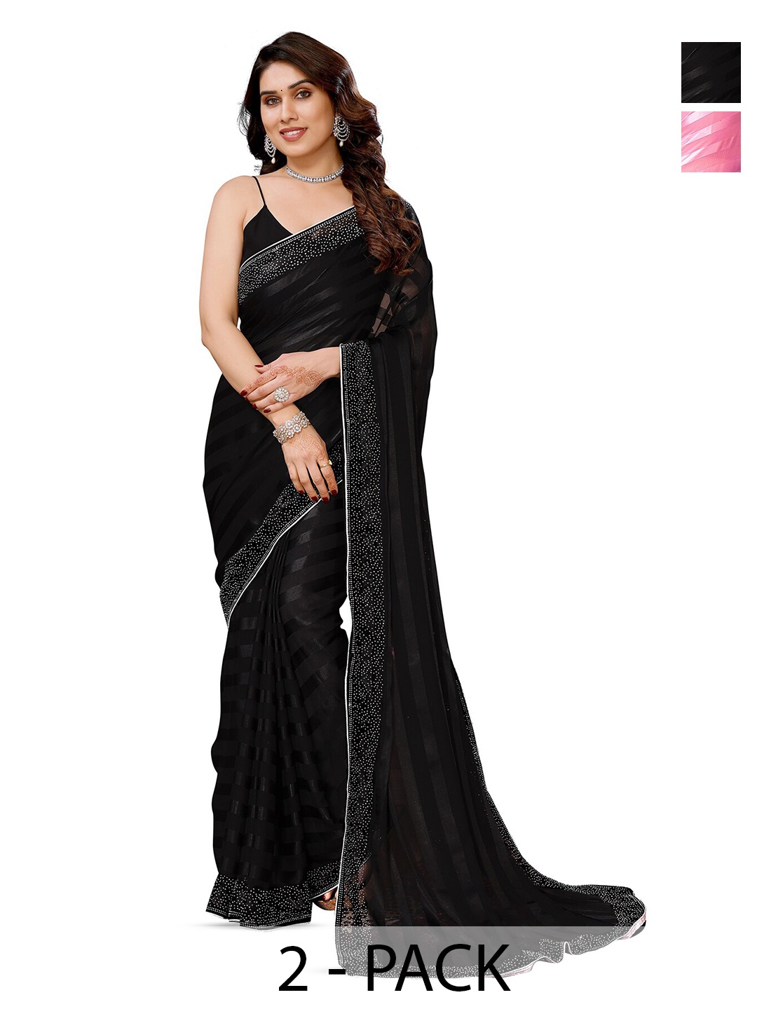 

ANAND SAREES Selection of 2 Striped Satin Sarees, Black