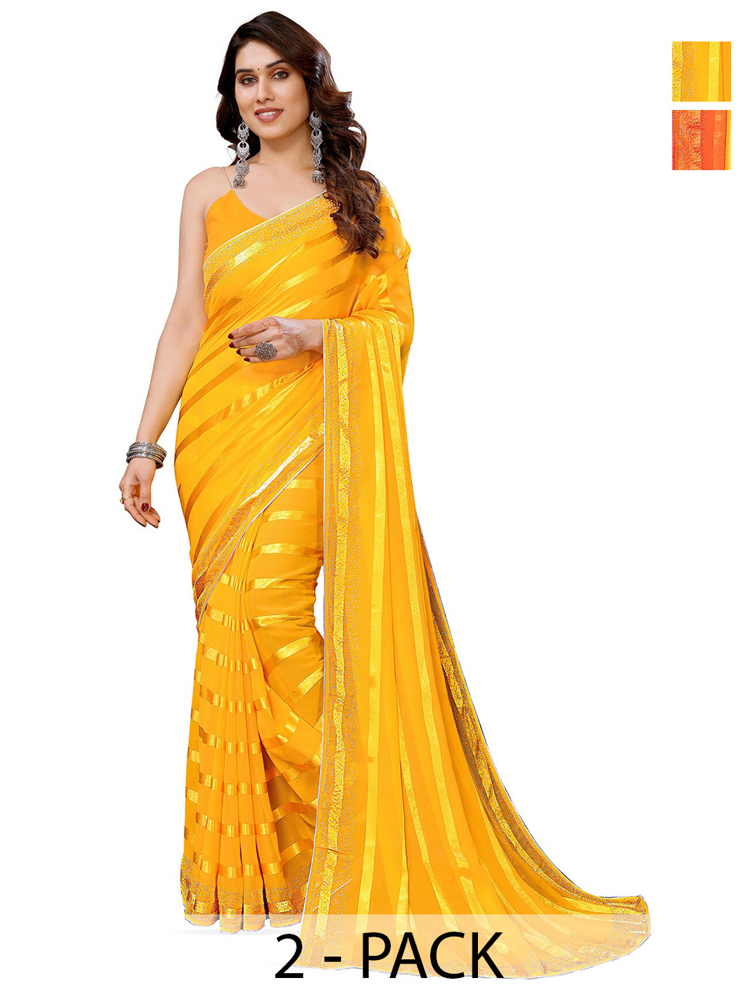 

ANAND SAREES Selection Of 2 Striped Satin Sarees, Yellow