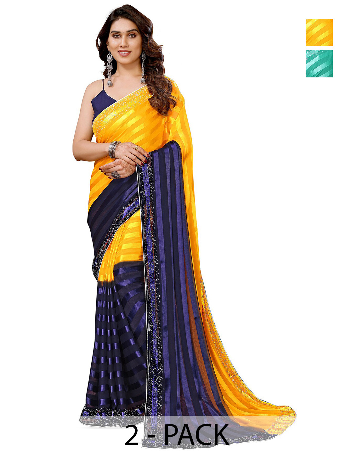 

ANAND SAREES Selection Of 2 Striped Beads and Stones Satin Sarees, Green