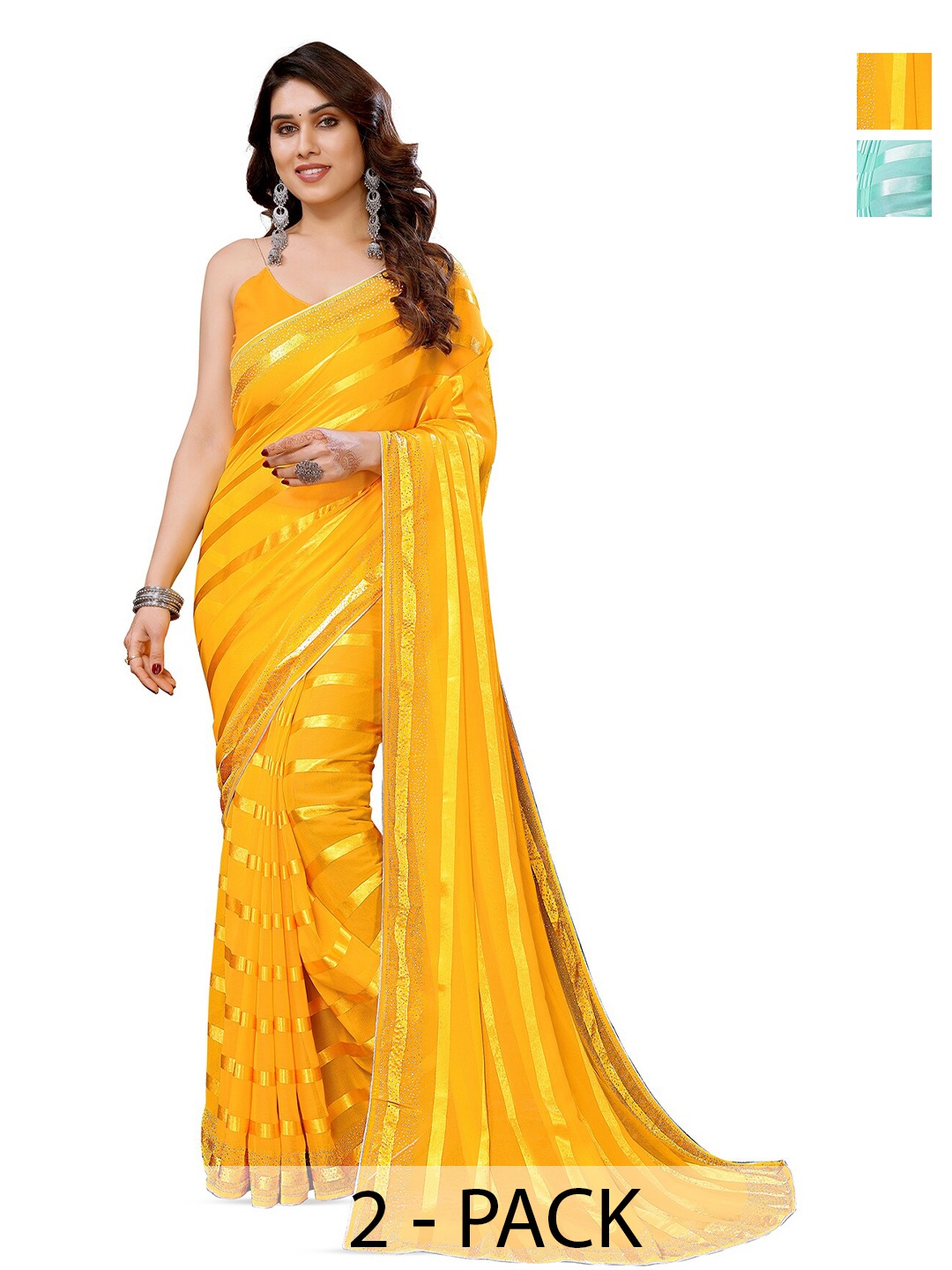 

ANAND SAREES Selection Of 2 Striped Beads and Stones Satin Sarees, Yellow