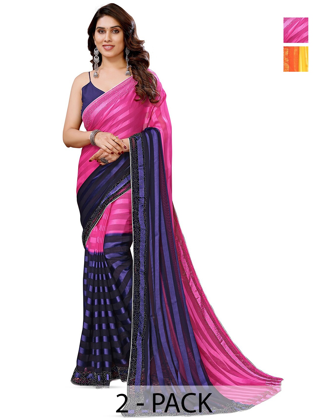 

ANAND SAREES Selection Of 2 Striped Beads and Stones Satin Sarees, Blue