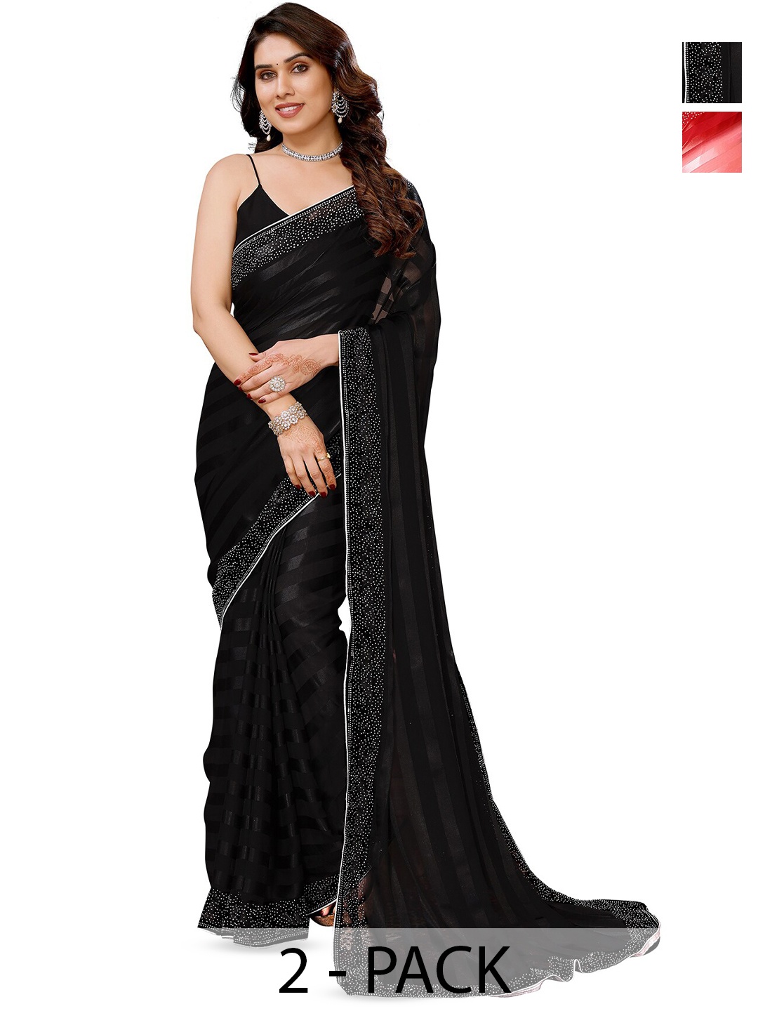 

ANAND SAREES Selection Of 2 Striped Satin Sarees, Black