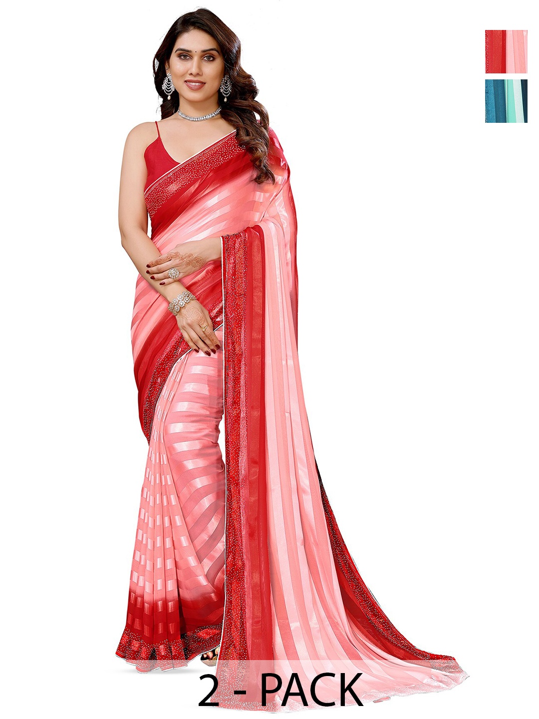 

ANAND SAREES Selection Of 2 Striped Satin Sarees, Sea green