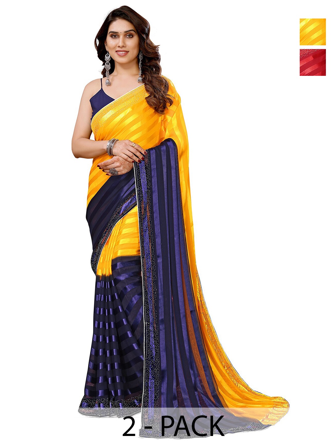 

ANAND SAREES Selection Of 2 Striped Beads and Stones Satin Sarees, Yellow