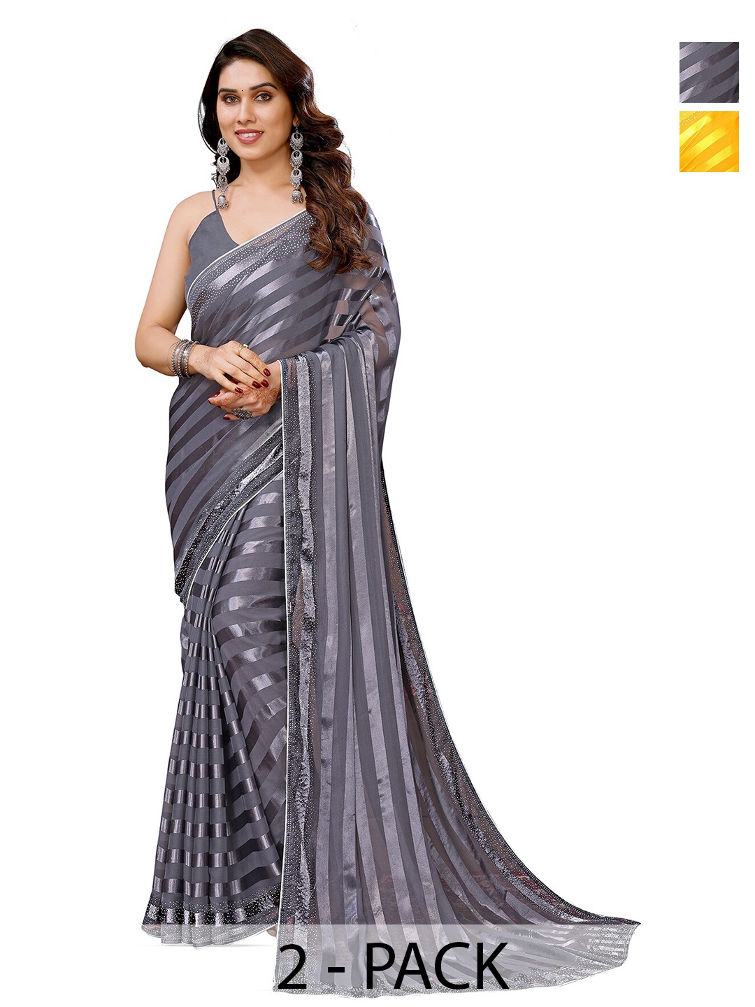 

ANAND SAREES Selection of 2 Striped Satin Sarees, Grey