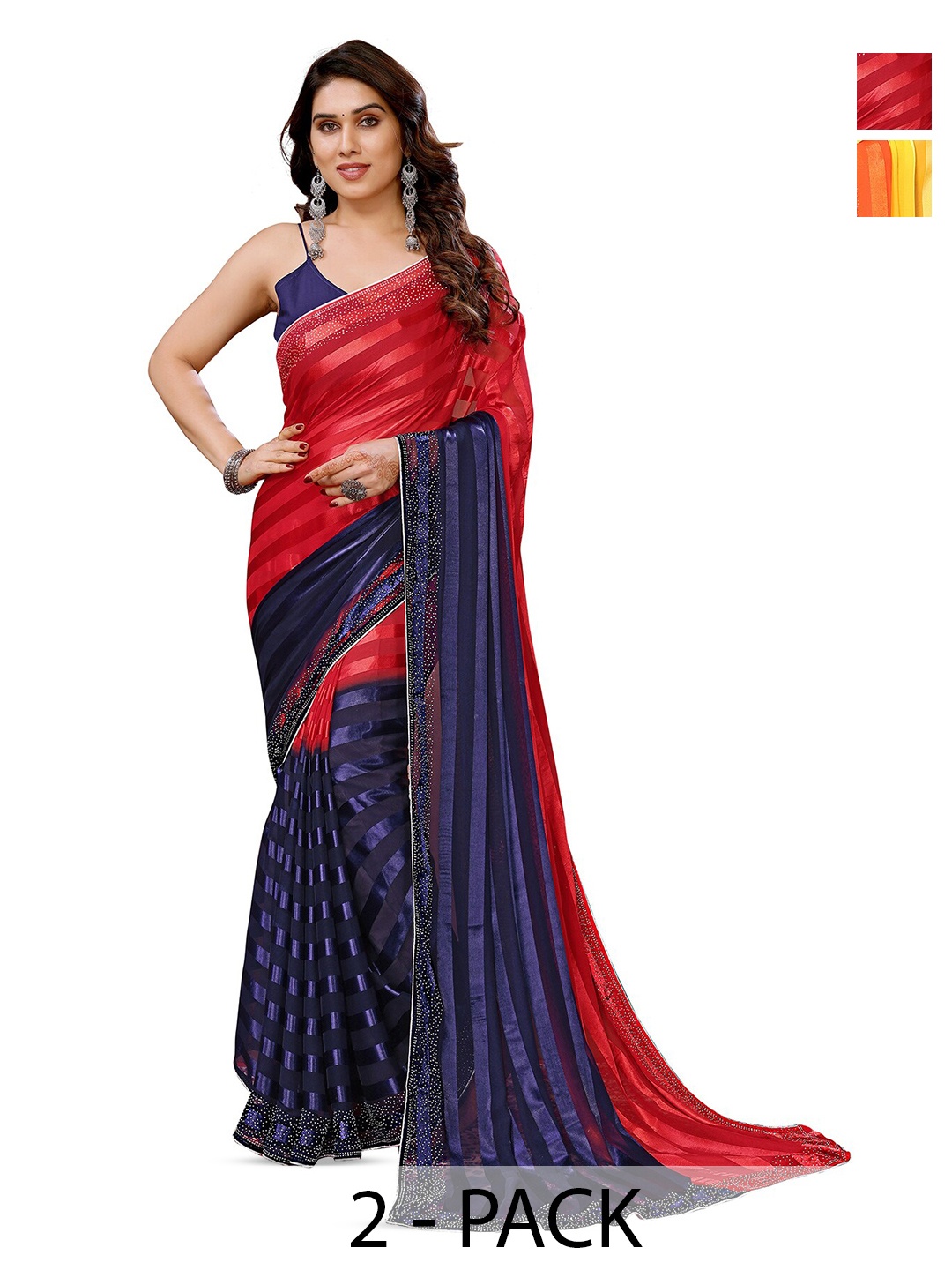 

ANAND SAREES Selection Of 2 Striped Satin Sarees, Blue