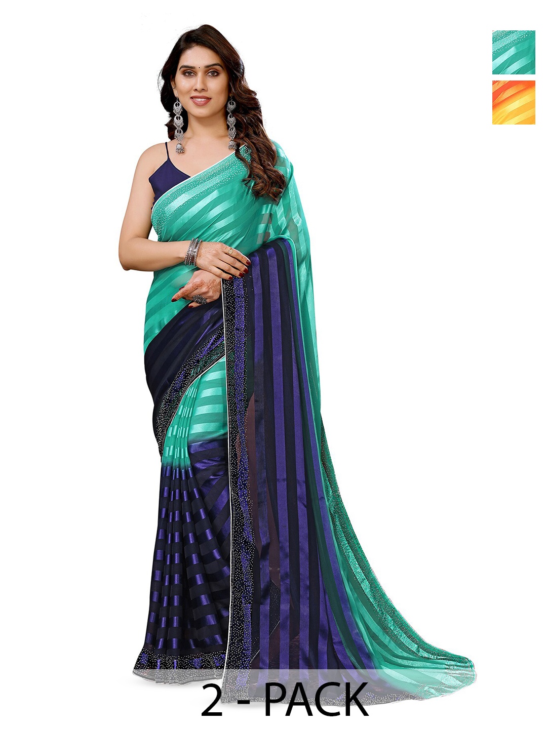

ANAND SAREES Selection of 2 Striped Beads and Stones Satin Sarees, Blue