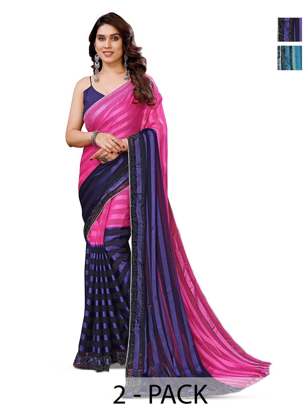 

ANAND SAREES Selection Of 2 Striped Satin Sarees, Navy blue