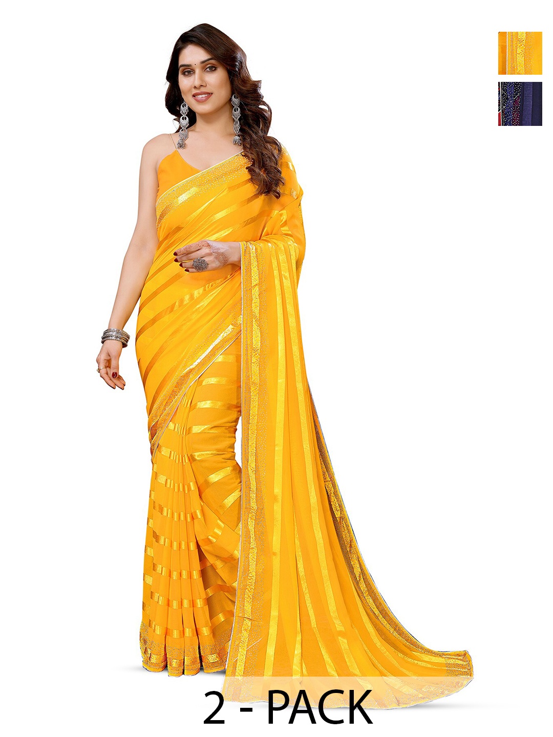 

ANAND SAREES Selection Of 2 Striped Satin Sarees, Yellow