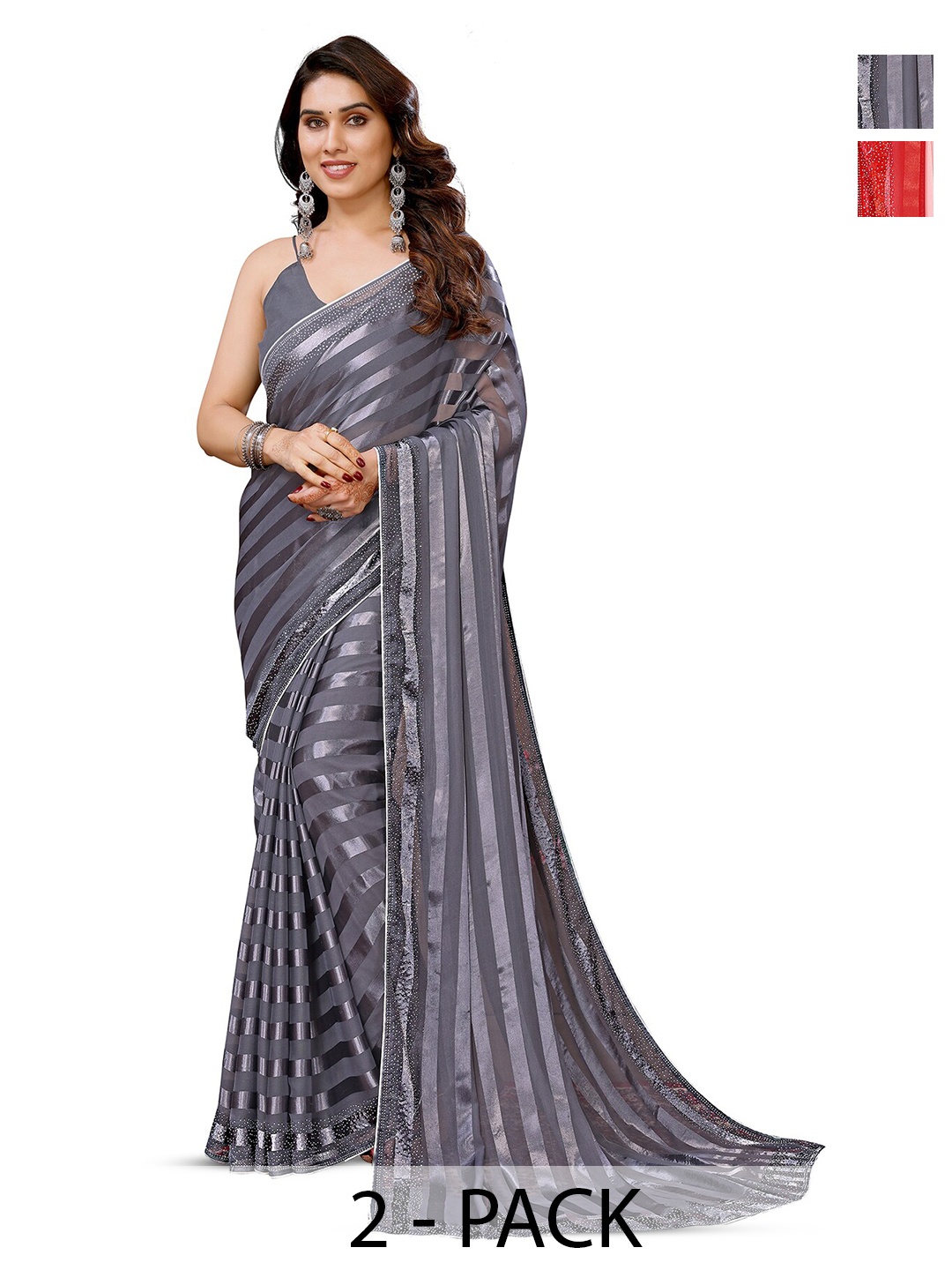 

ANAND SAREES Selection Of 2 Striped Beads and Stones Satin Sarees, Grey