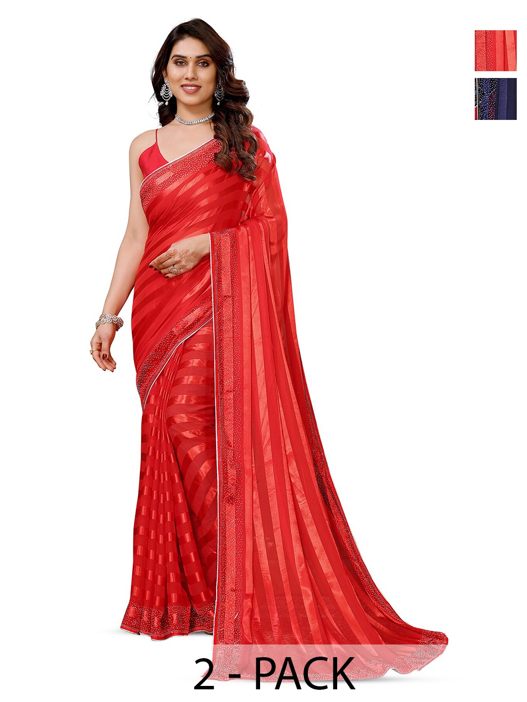 

ANAND SAREES Selection of 2 Striped Satin Sarees, Red