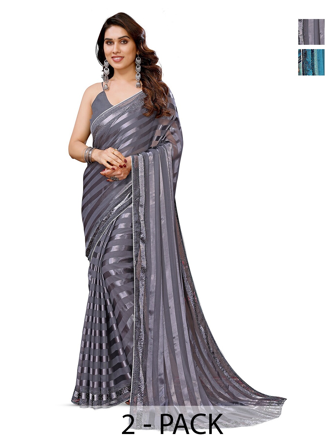 

ANAND SAREES Selection Of 2 Striped Beads and Stones Satin Sarees, Grey