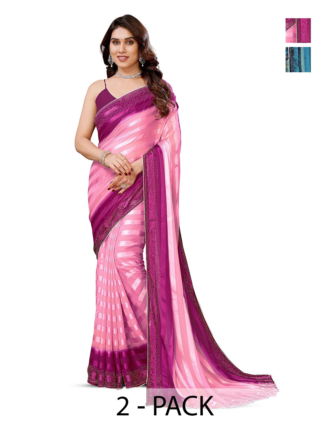 

ANAND SAREES Selection of 2 Striped Satin Sarees, Pink