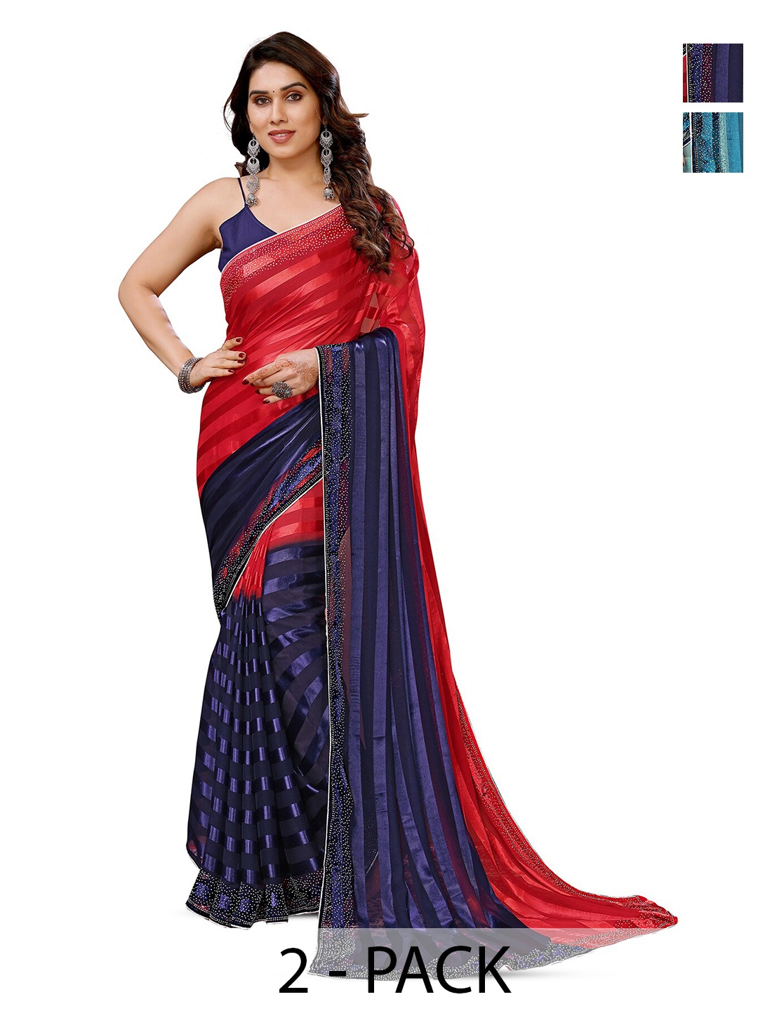 

ANAND SAREES Selection Of 2 Striped Satin Sarees, Navy blue